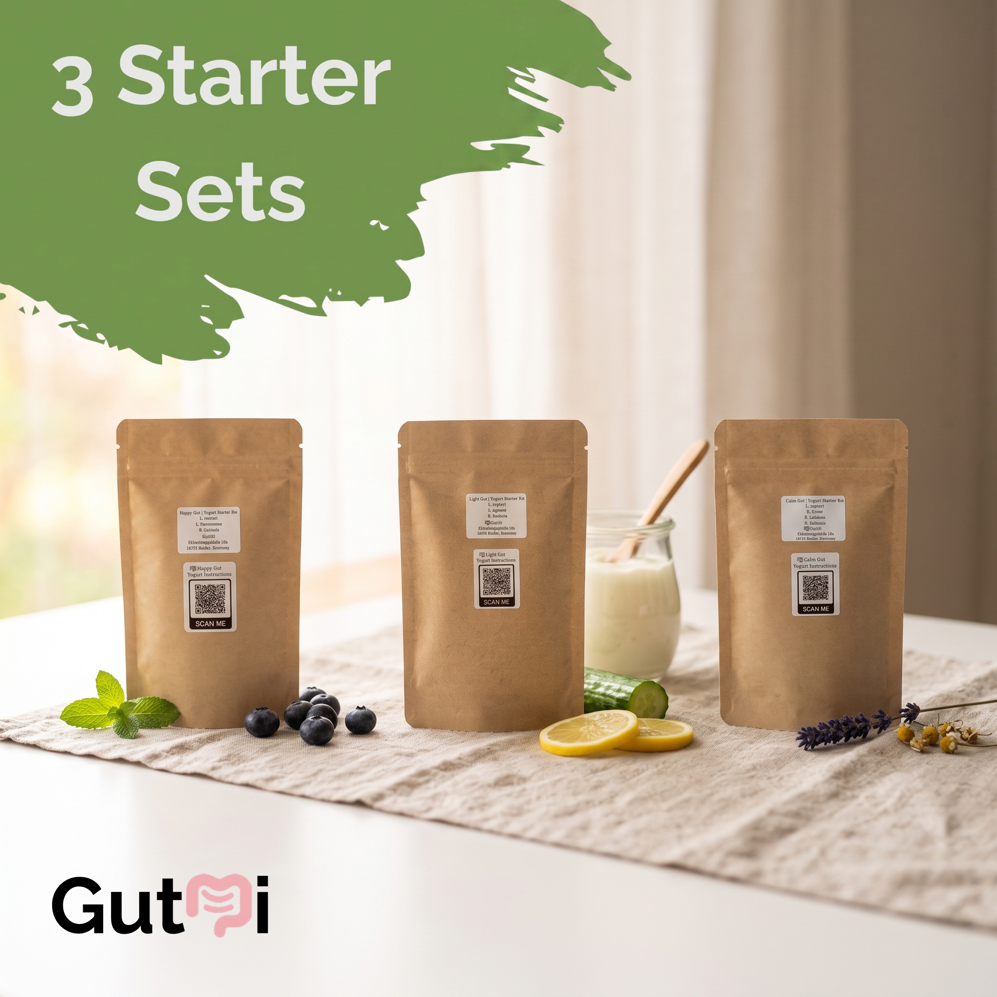 GutMi | L. reuteri + 6 autres souches (7 au total) | Comprend toutes les espèces perdues | 3 kits de démarrage pour yaourt | Pack de démarrage | Cultures de démarrage | 9 démarreurs de yaourt